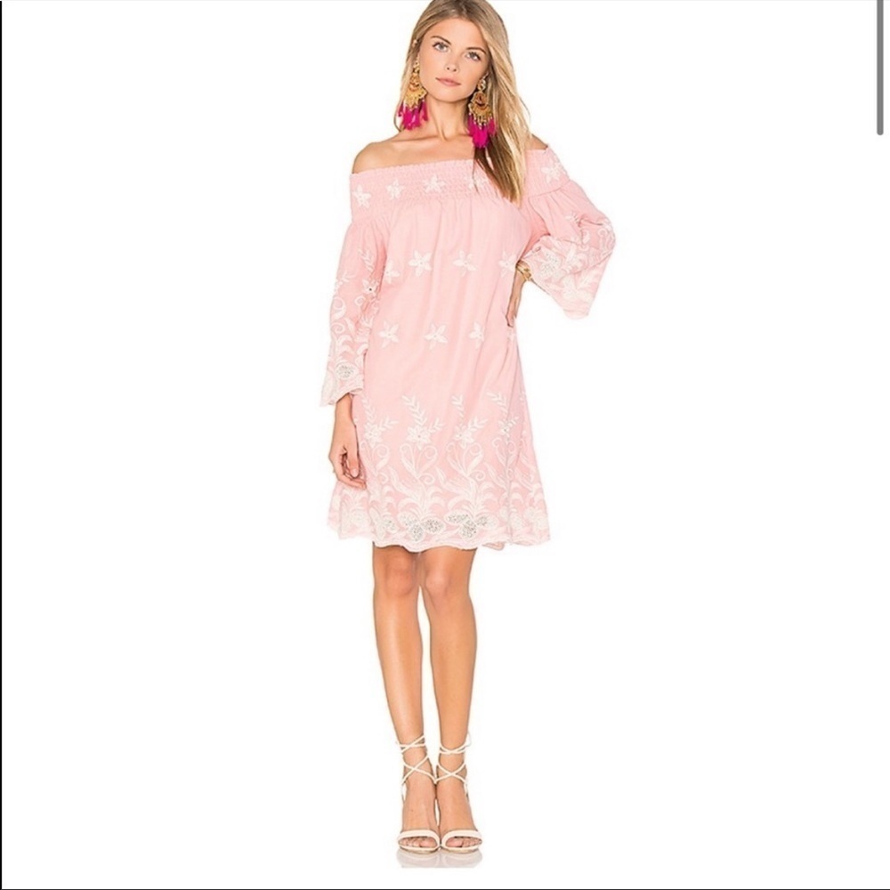 Misa Light Pink & White Off the Shoulder Dress
